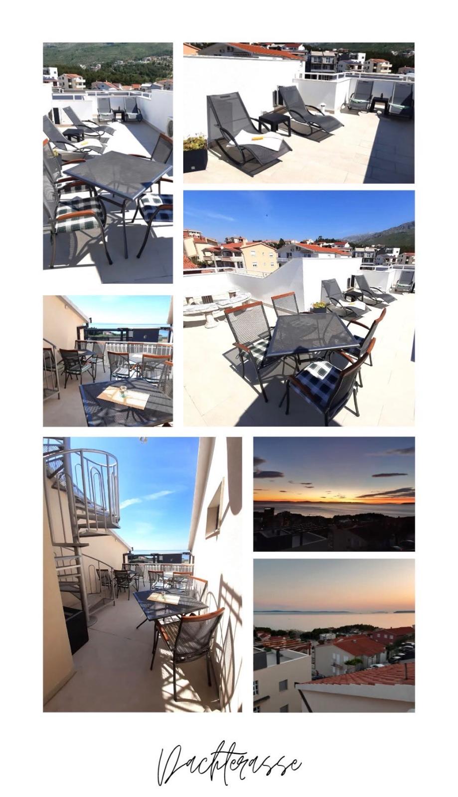 Dachterrasse der Pension Alba mit Liegen, Sitzplätzen und Blick über Podstrana zum Meer